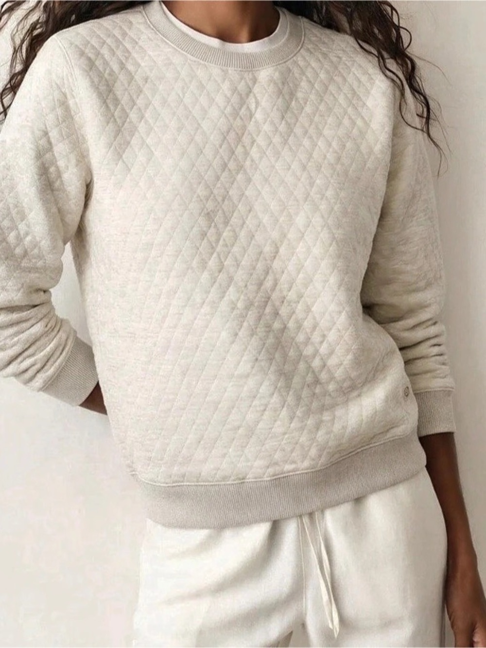 Marine Layer Women's Corbet Quilted Crewneck Top Sweatshirt Oat Small Puff